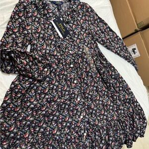 Floral Button-Front Smock Dress - Black with Pink & Green Floral Print